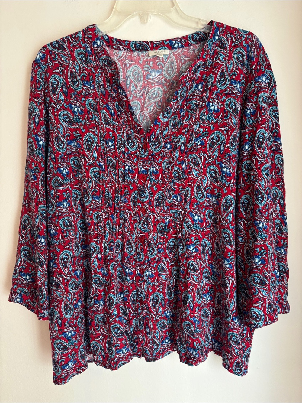 Talbots Women's Red Paisley V-Neck button casual 3/4 sleeve blouse top XL rayon
